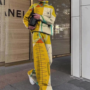 Fall Winter Women Two Piece Sets Elegant Turtleneck Pullover Top + Wide Leg Pants Suit Vintage Print Long Sleeve Casual Outfits