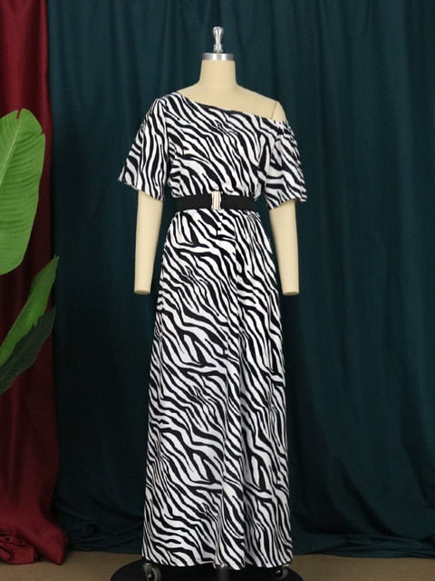 Women Printed Dress Zebra Stripe Long with Waist Belt Short Sleeve One Shoulder Vintage Elegant Gowns Casual Dresses 2022 Robes
