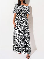 Load image into Gallery viewer, Women Printed Dress Zebra Stripe Long with Waist Belt Short Sleeve One Shoulder Vintage Elegant Gowns Casual Dresses 2022 Robes
