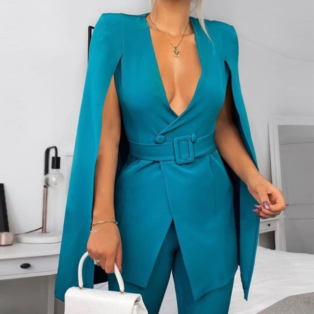 Paradise Women's Elegant Fashion Long Sleeve Lapel Cape Split Office Lady Pant Suit