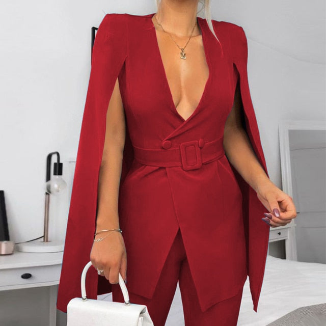 Paradise Women's Elegant Fashion Long Sleeve Lapel Cape Split Office Lady Pant Suit